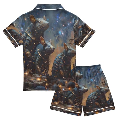 Satin Pajama Sets Short Sleeve Night Armadillos in Forest Button Down Silky Nightwear 2 Piece PJS 5-14Y2