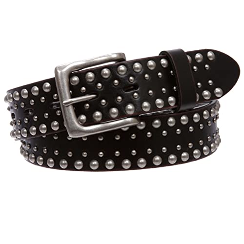 1 1/2" Snap On Antique Silver Circle Metal Studded Distressed Leather Belt, Black | 38" #TOP1