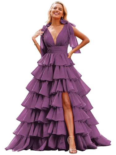 Image of TORYEMY Tiered Tulle Prom Dress Long Ball Gown Deep V Neck Formal Evening Dresses with Slit Ruched for Women