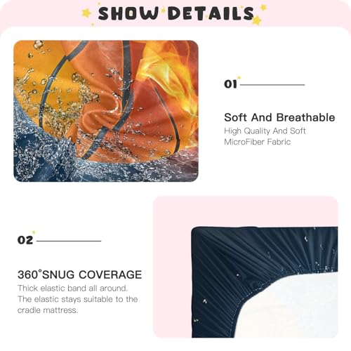 Image of Burning Basketball Crib Sheets Stretchy Portable Sheets for Baby Toddler Breathable Soft Crib Mattress Sheet for Girls Boys