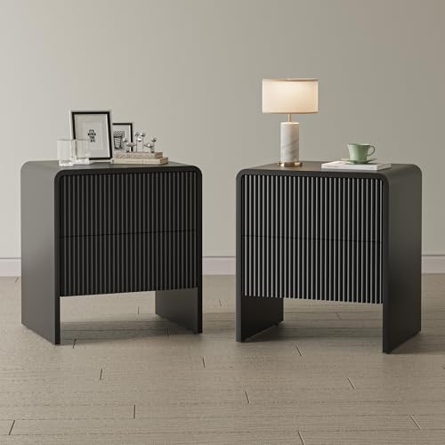 Set of 2 Curved Nightstand with 2 Drawers, Wooden Bedside