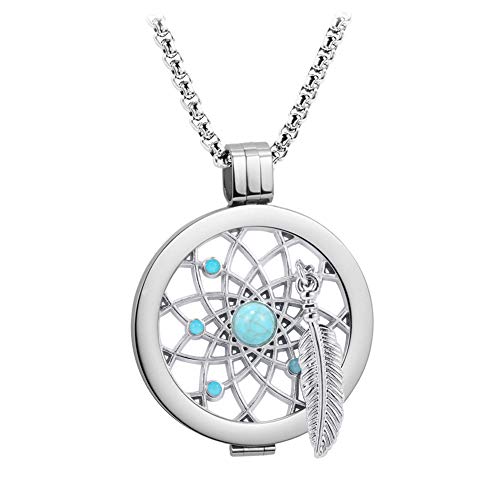 Meilanty Damen Halskette mit Anhänger Coin 33mm Traumfänger und Feder Edelstahl Ankerkette Box Kette Langen 80cm mit Geschenkbox Silber ZH-043 Cover