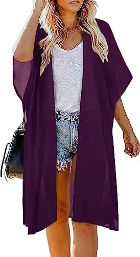Image of Indian Trendy Women's Solid Puff Sleeve Kimono Long Cardigan Loose Cover Up Casual Blouse Top Chiffon