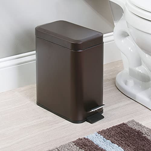 mDesign 1.3 Gallon Rectangular Slim Profile Metal Step Trash Can Wastebasket, Garbage Container Bin, Bathroom, Powder Room, Bedroom, Kitchen, Craft Room, Office - Removable Liner Bucket - Bronze