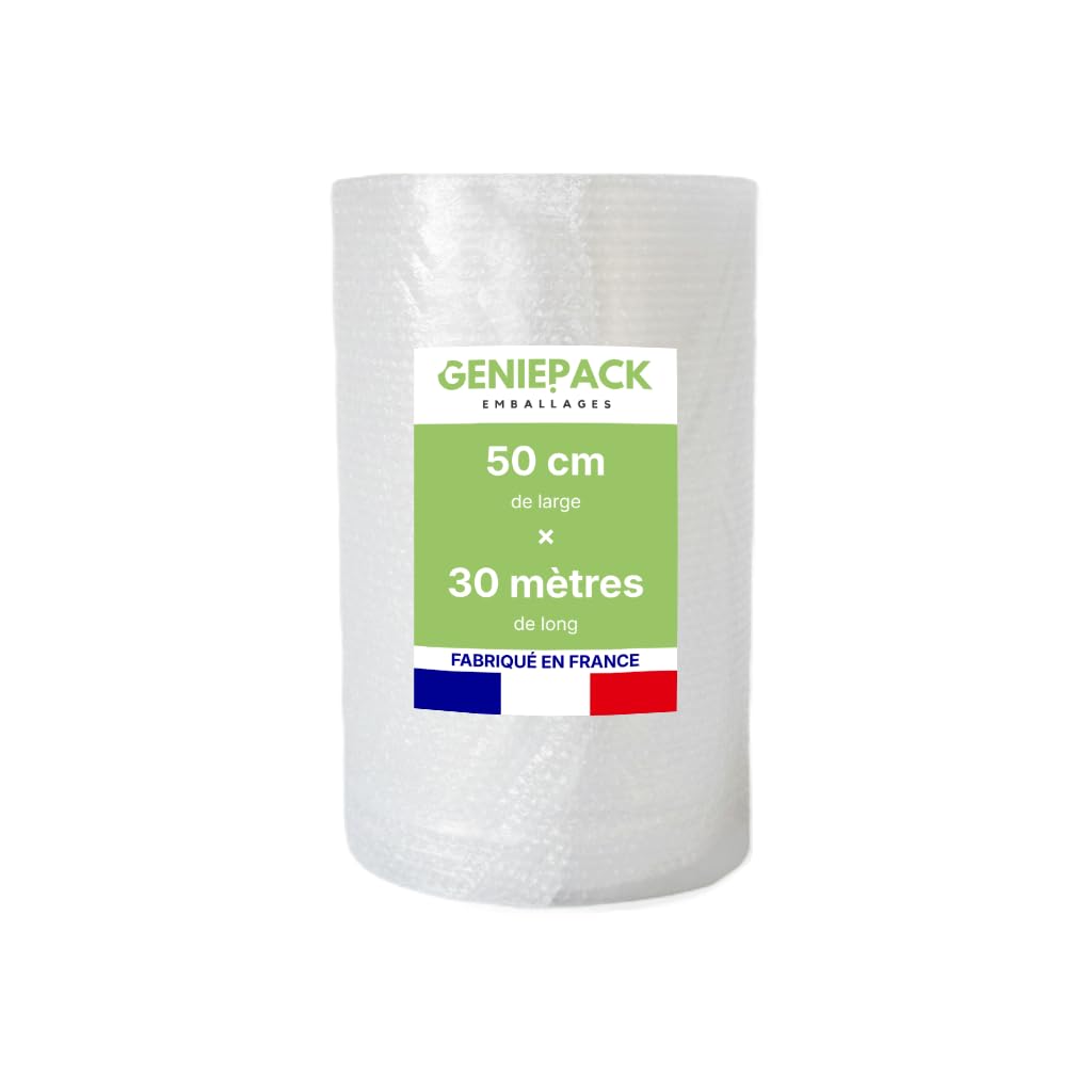 ROULEAU PAPIER BULLE/FILM À BULLES Professionnel 50 cm x 30 m – Fabriqué en FRANCE – 60 Microns – Bulles 10mm – Protection Emballage Colis Déménagement – Antichoc Haute Qualité