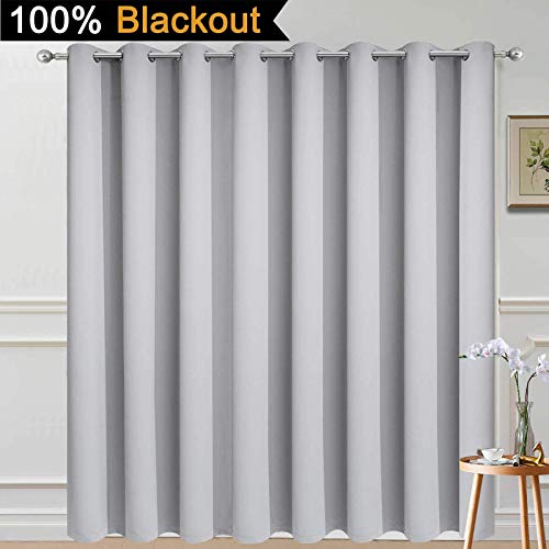 Image of Yakamok Light Grey Blackout Patio Door Curtain Panels W100 x L84, 1 Panel | Noise Reducing Barrier Panel for Sliding Glass Door, 2 Thick Layers Heat Full Light Blocking Patio Door Drapery