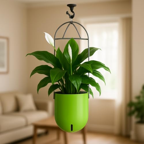 Image of Indian Discovery Self Watering Ceiling Hanging Planter|Hanging /Hooked Flower Pots for Home, Balcony, Garden Decor Flower Pots(1 Pcs, Parrot Green, Sphere)|6 Inch UV-Resistant Plastic Plant Pots