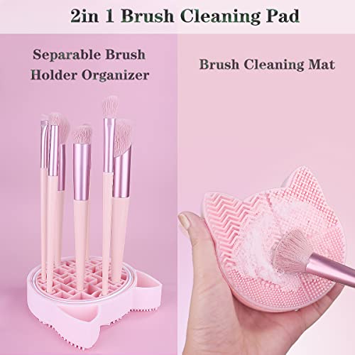 2 In 1 Design Makeup Brush Cleaning Mat With Brush Drying Holder, Silicon Cat Shaped Brush Cleaner Pad & Cosmetic Brush Organizer Rack, Portable Washing Tool For Makeup (Pink) #TOP1