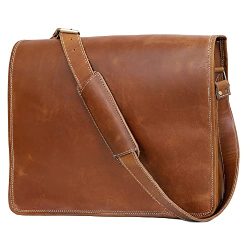 VC VINTAGE COUTURE 18 inch Leather Full Flap Messenger Handmade Bag Laptop Bag Satchel Bag Padded Messenger Bag Brown (Tan Brown)