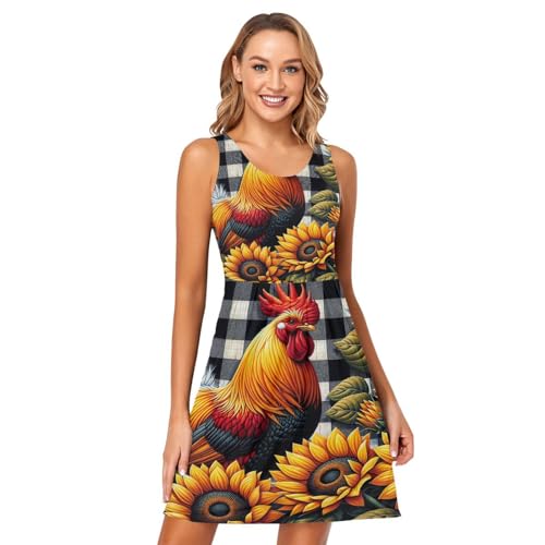 Hahn, Sonnenblumen, weiß, schwarz, Büffel, kariert, Mädchen, ärmellos, lässig, ärmellos, Tasche, Kleid, Strandkleid, Hahn-Sonnenblumen, Weiß,...