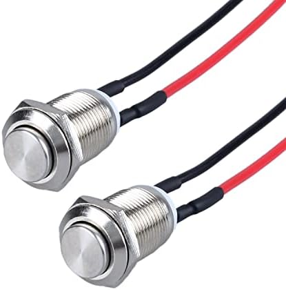 2-Pack 12mm Momentary Metal Waterproof Push Button Switch Raised Head 1/2" Mounting Hole with Pre-soldered Cable 250V 2A 1NO