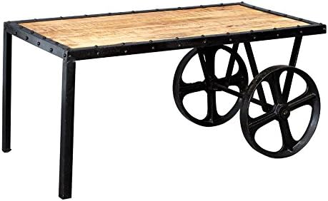 Indian Hub Cosmo Industrial Cart Coffee Table, Natural Wood/Dark Metal, 110x60x50 cm