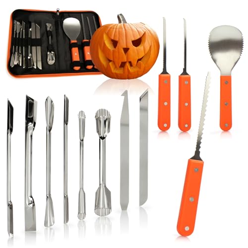 com-four® 12-teiliges Kürbis Schnitz-Set für Halloween - Schneide-Werkzeuge zum Aushöhlen von Kürbissen - Messer, Löffel und Schnitz-Zubehör in Premium-Tasche (Tasche + 12-teilig - orange)