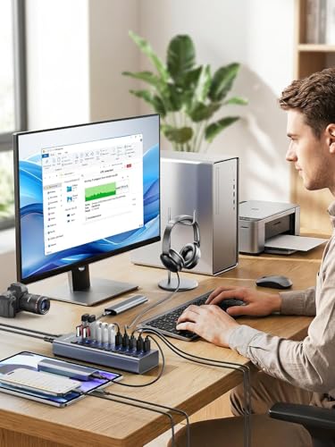 Image of 10 Port USB 3.0x1 with Power Adapter usb3 Fast Powered Data hub, Multiple Splitter, US.B Docking Station, multiport hubs, LEDs on /Off Sw1tch Compatible with pc Laptop MaBook iMac (LKP0652H 10Ports)