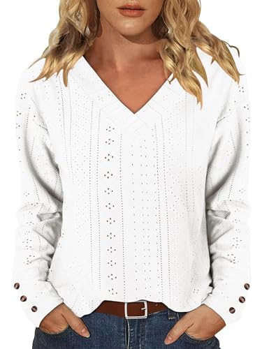 KISSMODA Long Sleeve Fall Shirts For Women V Neck Tunic Tops Embroidered Button Down Knitted Blouses 2025