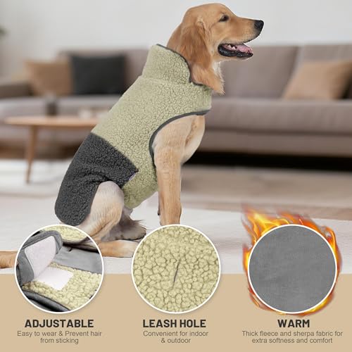 Image of cyeollo Sherpa Dog Coat Reversible Dog Jackets for Large Dogs, Khaki, 3XL | Warm Fleece Winter Sweater, Turtleneck Pet Vest, Adjustable Fit, Easy On & Off, Leash Hole for Cold Weather Outdoor Walks