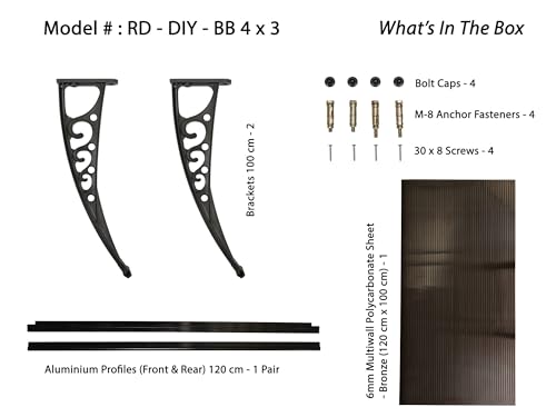 Image of CHENNAI Window Blinds and Shades DIY Polycarbonate Awning (Engineered Plastic Brackets) Window Sunshade Door Weather Shed Rain Canopy Awnings - 4'Widthx3'Depth (Black Brackets & Bronze Sheets)