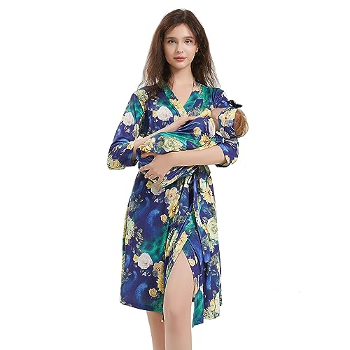 Image of Galabloomer Maternity Robe and Baby Receiving Blanket, Matching Mommy Labor Delivery Robe and Swaddle Set (s, peacock)