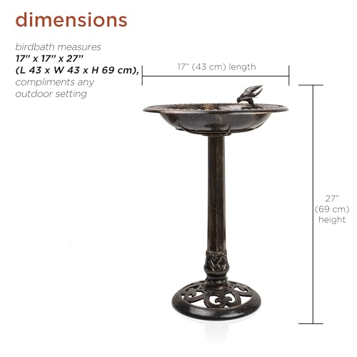 Image of Alpine Corporation 27 inch Tall Outdoor Antique Pedestal Birdbath with Bird Statue Decor, Durable Polypropylene Construction, Bronze