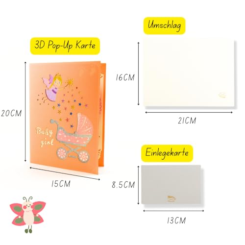DORAFIORA® Pop-Up Karte Baby – 3D Glückwunschkarte zur Geburt/Taufe | Feen-Kinderwagen | Für Jungen & Mädchen | Inkl. Umschlag (Baby Pink)