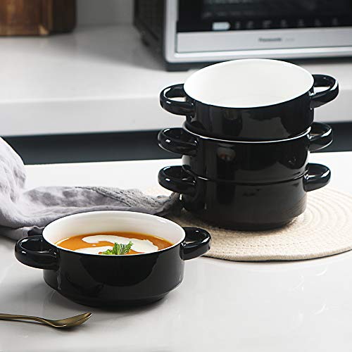 Image of Sweejar Ceramic Soup Bowls with Double Handles, 20 Oz Stacked Bowls for French Onion Soup, Cereal, Pot Pies, Stew, Chill, Pasta, Set of 4 (Black)