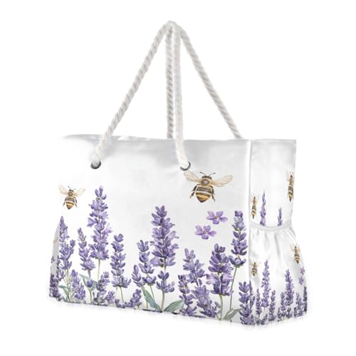 Lavander and Bee Beach Bag & Travel Tote Bag Large Sandproof with Zipper Closure, Wet Pouch for Swim Gym Travel, Lightweight Foldable Outdoor Bag