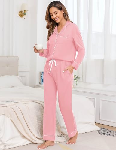 Image of Veseacky 100% Cotton Women's Pajama Set Long Sleeve Button Down Sleepwear Soft Pjs Lounge Sets Nightwear Pjs XS-XXL
