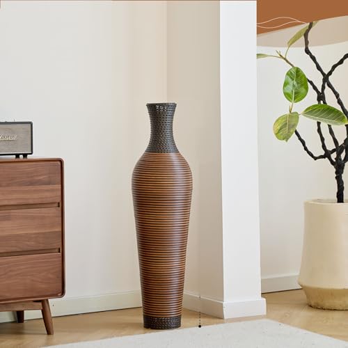 39" Tall Large Rattan Standing Floor Vase Modern Decorative Accent Flower Holder Floor Vase for Living Room Entryway Dining Room Stylish Home Décor Statement Piece (Two-Tone Dark Brown)
