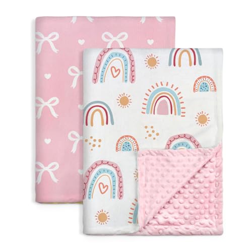 Image of SANDJEST Minky Blanket 2 Pack with Dotted Back 30 x 40 Inches, Gift for Christmas Birthday (Bow, Rainbow)
