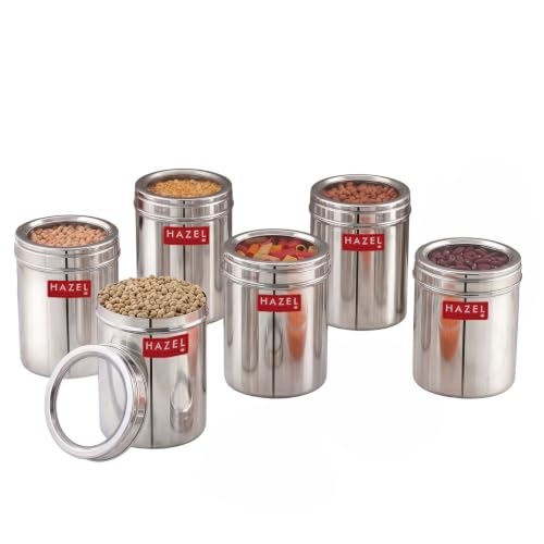 Image of HAZEL Stainless Steel Kitchen Container with Transparent Lid | Top See Through Kitchen Container Set with Matt Finish | Multipurpose Container for Kitchen Storage, 1500 ML, Set of 6