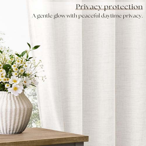 Image of Curtains 108 Inch Length 2 Panels Thick Linen Sheer Cream 52x108 | Light Filtering, Semi Sheer, Grommet Drapes, Privacy, Non See Through, Long Curtain, for Villa Hallway, 9 Ft, Natural Ivory
