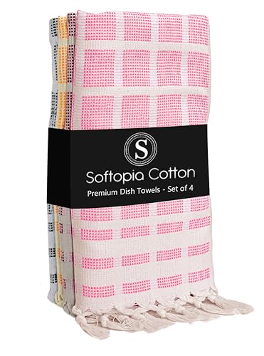 Image of Matrix Dobby Kitchen Towels Set of 4, 100% Cotton, Combo Pack, 16 inchx26 inch, Absorbent Tea Towels with Tassels, Reusable Cleaning Cloths - Rose Pink, Burgundy, Mustard Yellow, Grey