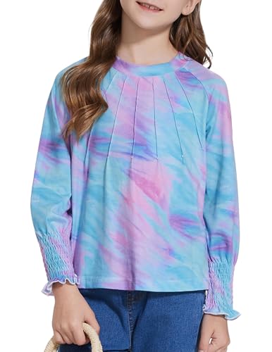 Girls Tops Long Sleeve Shirts Pleated Shirts Crew Neck Trim with Smocked Cuff Blouses for Girls 4-12 Years