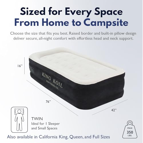 King Koil Plush Pillow Top Luxury Twin Air Mattress with Built-in High-Speed Pump for Camping, Home & Guests - Airbed Inflatable Blow Up Mattress, Waterproof, 1-Year Manufacturer Warranty.