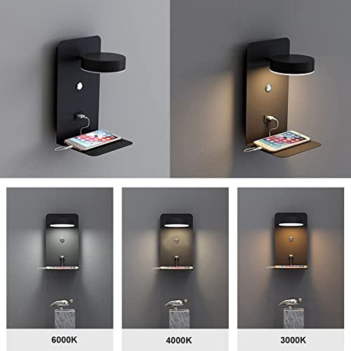 Apliques de pared LED de aluminio negro USB lámpara de lectura regulable, lámpara de pared interior con interruptor y puerto de carga USB, lámpara de cabecera giratoria de 330 °, 3000K ~ 6000K