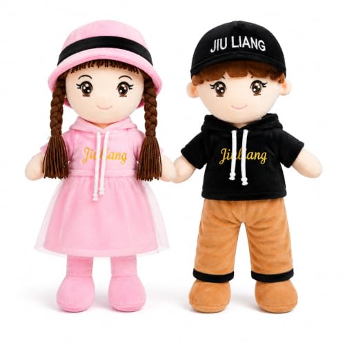 Image of Soft Plush Doll for Kids | Cute Rag Doll with Braided Hair & Cap | Washable Stuffed Toy for Girls & Boys | Birthday Gift for Kids (Multicolor) (Pink & Black inchCombo)