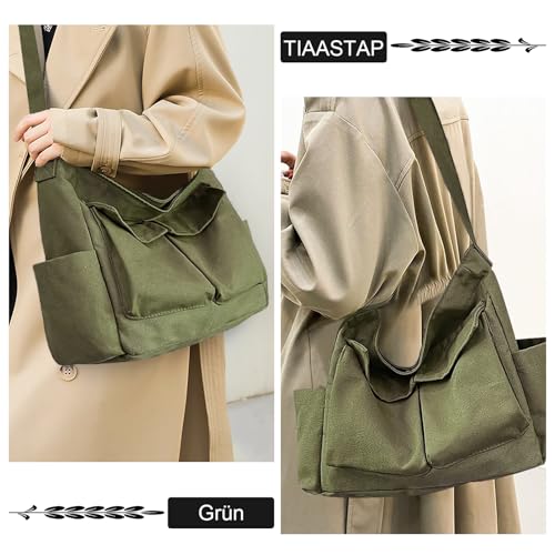 TIAASTAP Kuriertasche aus Leinenstoff, Vintage Canvas Messenger Bag für Studenten, Große Kapazität Hobo Crossbody Bag Umhängetasche Freizeittasche mit mehreren Innenfächern, Grün