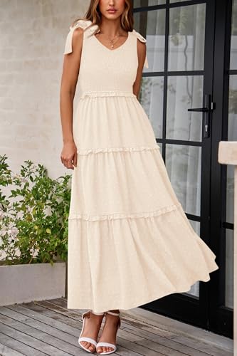 Okiwam Womens Summer Dresses 2025 Sleeveless Tie Strap Maxi Long Flowy Beach Sundresses Boho Swiss Dot Fall Wedding Dresses