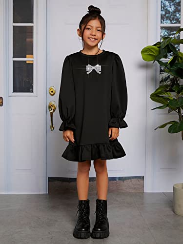 WDIRARA Girl's Bow Print Rhinestone Flounce Sleeve Crew Neck Ruffle Hem Smock Dress4