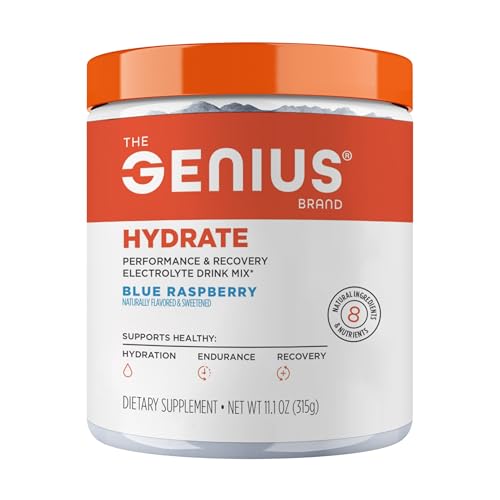 The Genius Brand Genius Hydrate - Electrolyte Supplement for Daily Hydration - Coconut Water - Sugar-Free - 8 Essential Minerals & Nutrients - Non-GMO - Blue Raspberry - 50 Servings