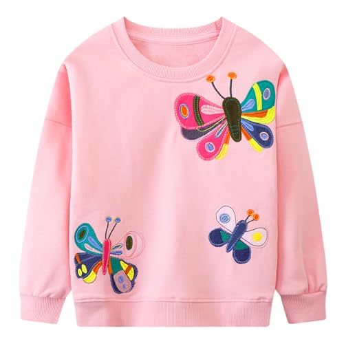 JinBei Sweatshirt für Kinder Mädchen, Schmetterling Pullover Baumwolle Top Casual Rosa Ärmel mit Rüschen Jumper Langarmshirt Prinzessinnen Sweater, Gr.110-116