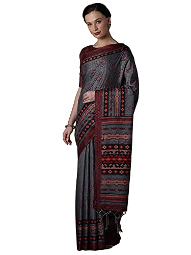 Image of AKHILAM Silk Blend Women Casual Pashmina Silk Abstract Printed Saree With Unstitched Blouse Piece(Grey 4Ksmra4 Parent)