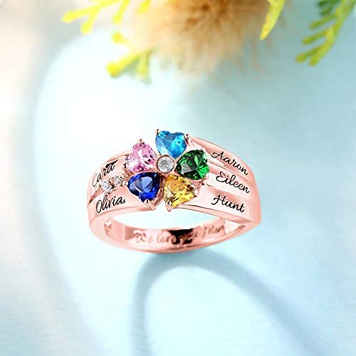 Mothers Ring Sterling Silver With 5 Birthstones & Names Personalized Women Band Custom Five Heart Shaped Stones Children Names White Gold Plated Gift For Mothers Day From Son Daughter #TOP2