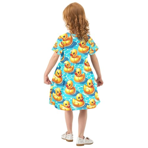 Toddler Girls Short Sleeve Dress Rubber Ducks Swimming Pool Print Summer Casual Sundress for Kids 2T-8T3