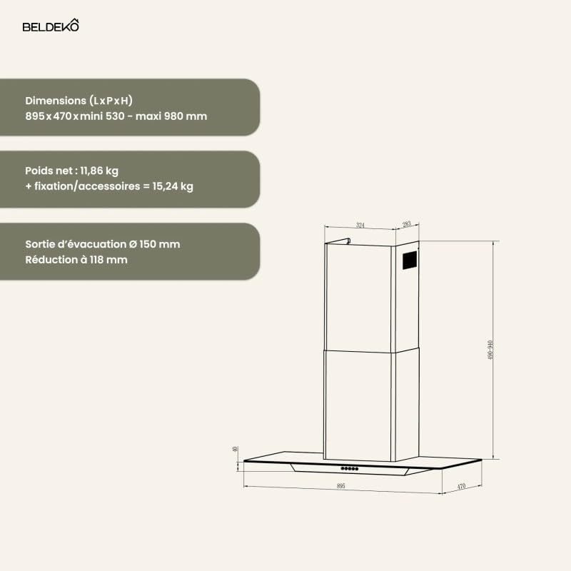 Hotte décorative murale BELDEKO 90 cm – Verre & Inox – 200 Watts - Débit 560 m³/h – 3 vitesses + LED – Recyclage ou évacuation – Marque française