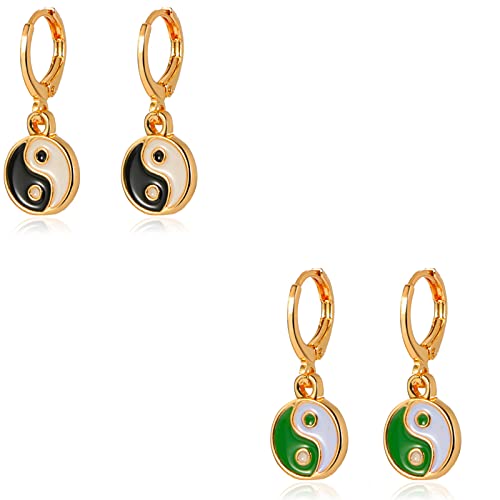 2 Pairs Yin Yang Hoop Earrings Set Handmade Colorful Tai Chi Yin Yang Dangle Earrings for Women Girls Jewelry(B)