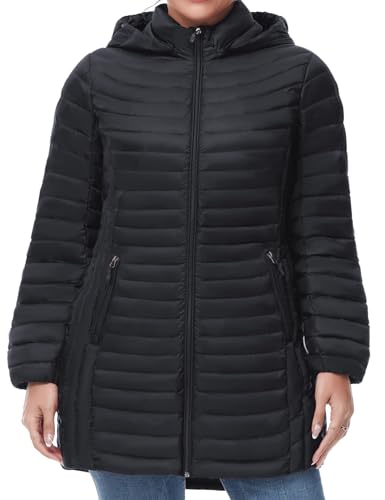 SLOW DOWN Women Plus Size Ultra Light Down Jacket Packable Puffer Jacket Coat Hooded Mid Length Winter Outwear