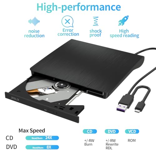 Image of External CD DVD Drive,USB 3.0 and Type-C CD DVD Disc Reader Writer Burner Player,Slim and Portable CD DVD + /-RW Optical Drive for PC Laptop Desktop MacBook Mac Windows 7 /8.1 /10 /11 Linux OS Apple