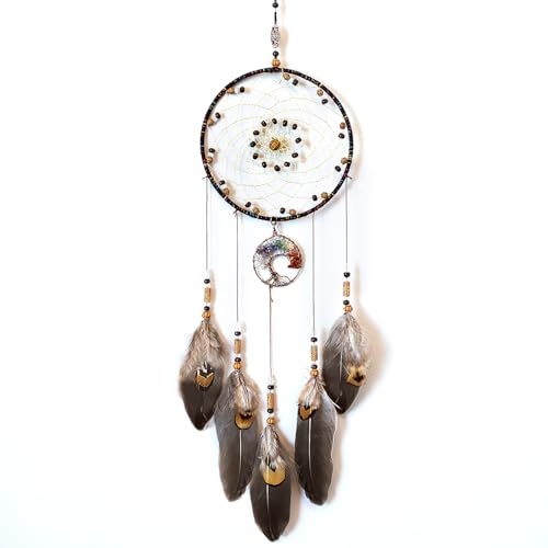 MOONFLY Dream Catcher Handmade Traditional Feather Dreamcatcher Hanging Home Wall Decoration Craft Ornament for Home, Bedroom, Kids, Boys Native American Style Décor (Brown Life Tree)