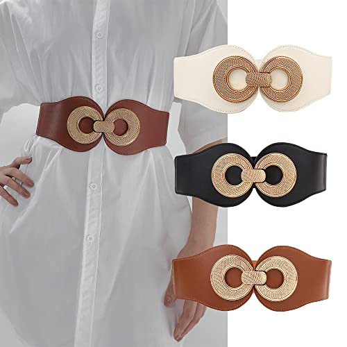 YOU&M Women's Leather Wide Elastic Waist Belt Classic with Large Gold Buckle for Corset Dress Belt3